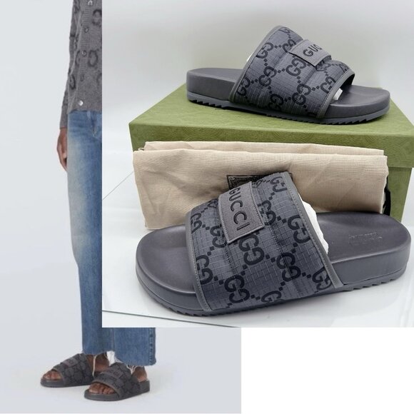 GUCCI Mens GG LOGO Ripstop Monogram Gray Slides Sandals 771466 Men UK 12 US 12.5 - Picture 1 of 16